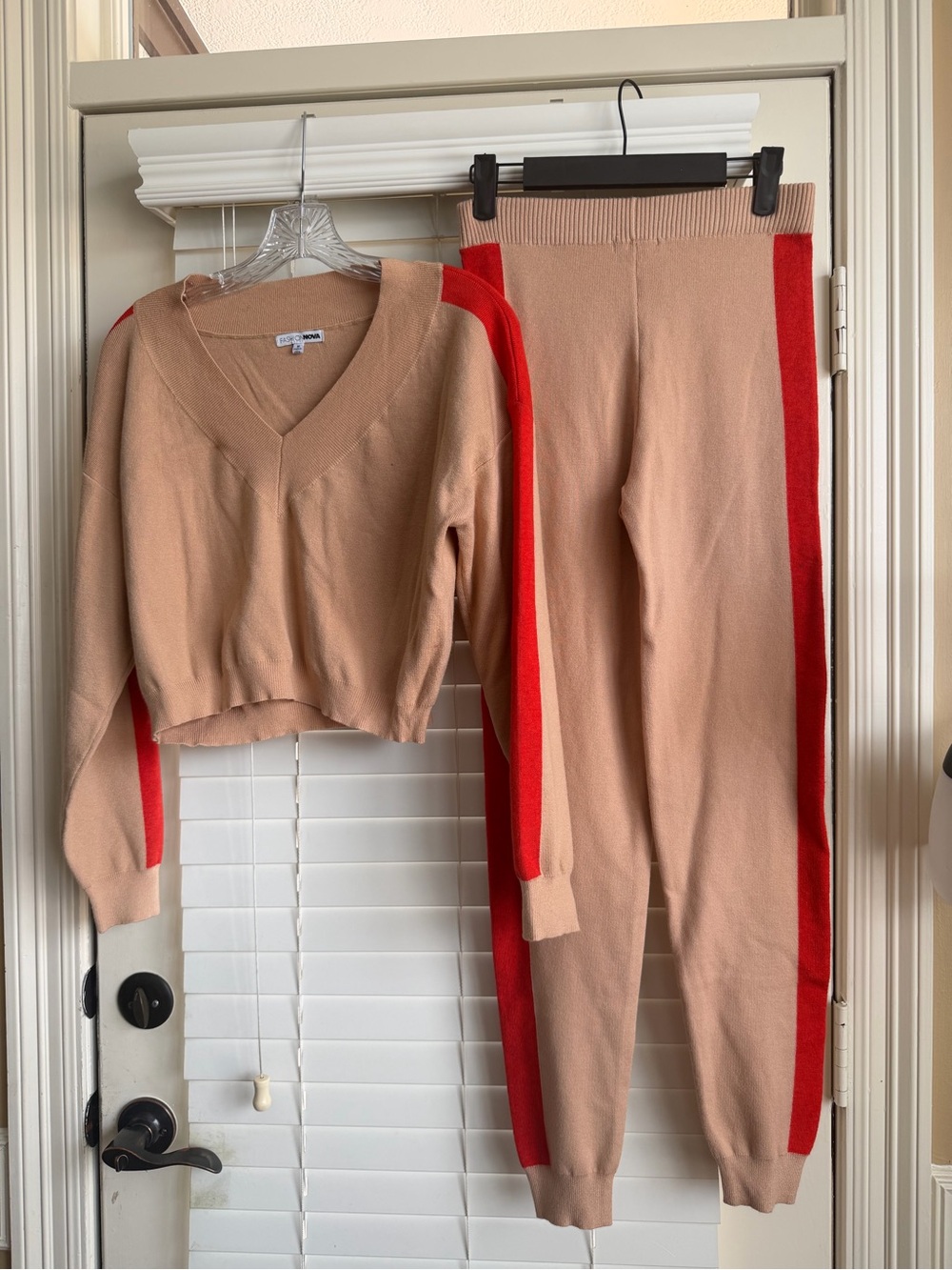 Two-Piece Knit Sweater Set with Red Side Stripe